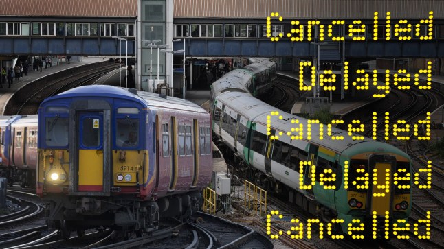 A combination image showing a train carriage, railway station and words cancelled and delayed displayed across them.