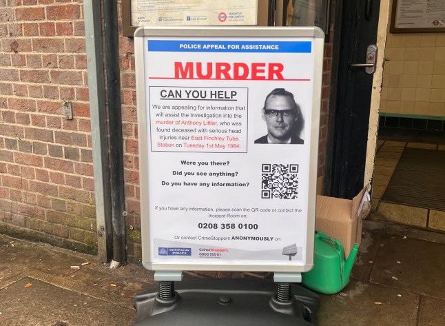 EMBARGOED TO 0001 WEDNESDAY DECEMBER 6 An appeal poster outside East Finchley Underground station in north London as Metropolitan Police detectives are appealing for information in the unsolved murder of Anthony Littler, which took place just outside of the station in May 1984. Picture date: Tuesday December 5, 2023. PA Photo. See PA story POLICE Littler. Photo credit should read: Jamel Smith/PA Wire