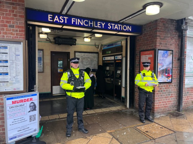 EMBARGOED TO 0001 WEDNESDAY DECEMBER 6 Metropolitan police officers by an appeal poster outside East Finchley Underground station in north London as detectives are appealing for information in the unsolved murder of Anthony Littler, which took place just outside of the station in May 1984. Picture date: Tuesday December 5, 2023. PA Photo. See PA story POLICE Littler. Photo credit should read: Jamel Smith/PA Wire