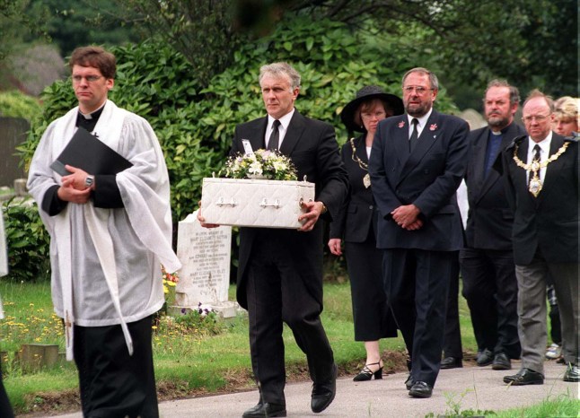 File photo dated 27/07/98 of the funeral procession of abandoned baby Callum, during his funeral service at St Elphin's parish church, Warrington. Baby Callum, named after the area where he was found, was discovered close to the Gulliver's World theme park in the Callands area of the town in March 1998 and a murder investigation was launched. Joanne Sharkey, 54, of West Derby in Liverpool, has been charged with murder by detectives investigating the death of a baby found in woodland in Warrington more than 25 years ago. Issue date: Tuesday April 16, 2024. PA Photo. The 54-year-old is due to appear in custody at Warrington Magistrates' Court on Tuesday, charged over the death. See PA story COURTS Callum. Photo credit should read: Richard Williams/Liverpool Daily Post/PA Wire