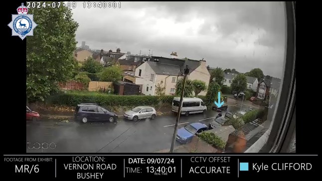 Screengrab taken from handout CCTV footage dated 05/07/24 issued by Hertfordshire Police of Kyle Clifford parking his car in the streets near the family home of his ex-partner, Louise Hunt, before walking to the address in Bushey, Hertfordshire, and knocking the door. On July 5 last year, Clifford fatally shot his former partner and her sister with a crossbow and stabbed their mother to death with a butcher's knife. Kyle Clifford, who is on trial at Cambridge Crown Court, denies a single charge of rape, against his former partner, Louise Hunt. Issue date: Wednesday March 5, 2025. PA Photo. See PA story COURTS Bushey. Photo credit should read: Hertfordshire Police/PA Wire NOTE TO EDITORS: This handout photo may only be used for editorial reporting purposes for the contemporaneous illustration of events, things or the people in the image or facts mentioned in the caption. Reuse of the picture may require further permission from the copyright holder.