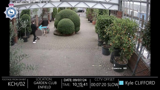 PICTURE BLURRED AT SOURCE Screengrab taken from handout CCTV footage dated 05/07/24 issued by Hertfordshire Police of Kyle Clifford at a garden centre in Enfield on the morning of the day of the murders, when he fatally shot his former partner and her sister with a crossbow and stabbed their mother to death with a butcher's knife, which has been played to jurors in court. Kyle Clifford, who is on trial at Cambridge Crown Court, denies a single charge of rape, against his former partner, Louise Hunt. Issue date: Wednesday March 5, 2025. PA Photo. See PA story COURTS Bushey. Photo credit should read: Hertfordshire Police/PA Wire NOTE TO EDITORS: This handout photo may only be used for editorial reporting purposes for the contemporaneous illustration of events, things or the people in the image or facts mentioned in the caption. Reuse of the picture may require further permission from the copyright holder.