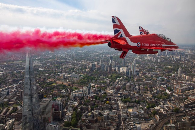 Handout photo issued by the Ministry of Defence dated 8/5/2020 of the Royal Air Force Red Arrows flying over the City in London during a flypast in central London to mark the 75th anniversary of VE Day. The Red Arrows' smoke trails could go green in an effort to cut their environmental impact, official documents have shown. Defence Equipment and Support, a trading arm of the Ministry of Defence, has appealed to potential future suppliers for environmentally-friendly smoke dye and diesel solvent alternatives. Issue date: Wednesday August 11, 2021. PA Photo. See PA story ENVIRONMENT RAF. Photo credit should read: SAC Hannah Smoker/MoD/Crown Copyright/PA Wire NOTE TO EDITORS: This handout photo may only be used in for editorial reporting purposes for the contemporaneous illustration of events, things or the people in the image or facts mentioned in the caption. Reuse of the picture may require further permission from the copyright holder.