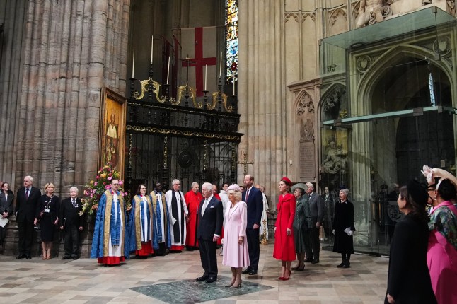 (Centre left to right) King Charles III and Queen Camilla, the Prince and Princess of Wales, the Princess Royal and The Duke and Duchess of Gloucester attend the annual Commonwealth Day Service of Celebration at Westminster Abbey, in London. Picture date: Monday March 10, 2025. PA Photo. See PA story ROYAL Commonwealth. Photo credit should read: Aaron Chown/PA Wire