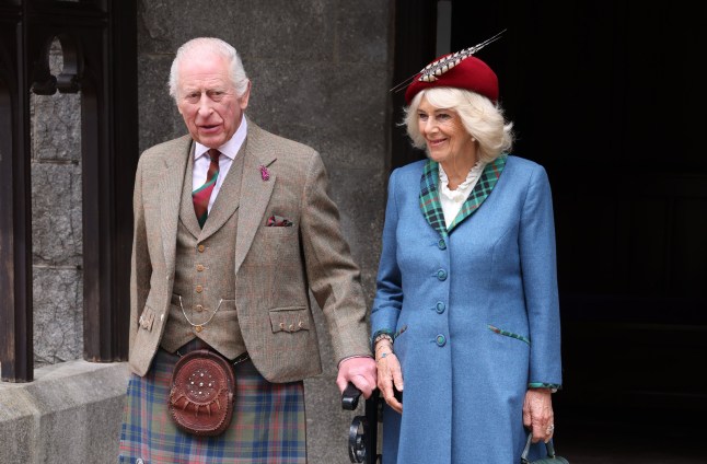 King Charles III and Queen Camilla after attending a service at Crathie Kirk, near Balmoral, in which a new piece of music by Paul Mealor was performed to mark the royal couple's 20th wedding anniversary. Picture date: Sunday April 13, 2025. PA Photo. See PA story ROYAL King. Photo credit should read: Paul Campbell/PA Wire
