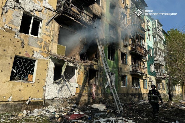 DNIPROPETROVSK, UKRAINE - APRIL 25: (----EDITORIAL USE ONLY - MANDATORY CREDIT - 'UKRAINIAN STATE EMERGENCY SERVICE / HANDOUT' - NO MARKETING NO ADVERTISING CAMPAIGNS - DISTRIBUTED AS A SERVICE TO CLIENTS----) A view of the scene after Russian troops launched a UAV strike on the Dnipropetrovsk region of Ukraine on April 25, 2025. In Pavlograd, three people, including one child, were killed, and eight others were injured. Emergency workers rescued 10 people, including two children. Fires broke out in the shelling areas, affecting a five-story building and vehicles. Firefighters have since extinguished the flames. (Photo by State Emergency Service of Ukraine/Anadolu via Getty Images)