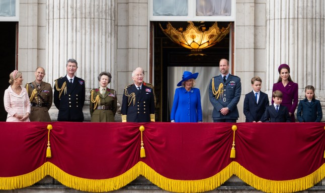 LONDON, ENGLAND - MAY 05: (L-R) Sophie, Duchess of Edinburgh, Prince Edward, Duke of Edinburgh, Vice Admiral Sir Timothy Laurence, Princess Anne, Princess Royal, King Charles III, Queen Camilla, Prince William, Prince of Wales, Prince George of Wales, Prince Louis of Wales, Catherine, Princess of Wales and Princess Charlotte of Wales on the balcony of Buckingham Palace during the 80th anniversary of VE Day on May 05, 2025 in London, England. The King and Queen, joined by Members of the Royal Family, will take part in events from May 5th to May 8th to commemorate the 80th anniversary of VE Day, which signalled the end of the Second World War in Europe. (Photo by Samir Hussein/WireImage)