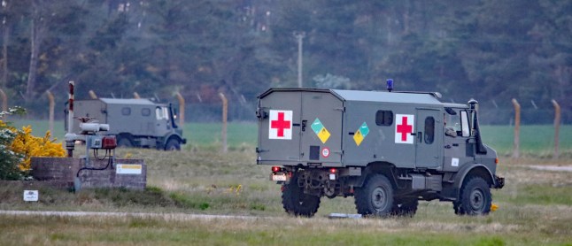 Belgian Military ambulances at Kinloss Army Barracks in Scotland this evening...pic Peter Jolly