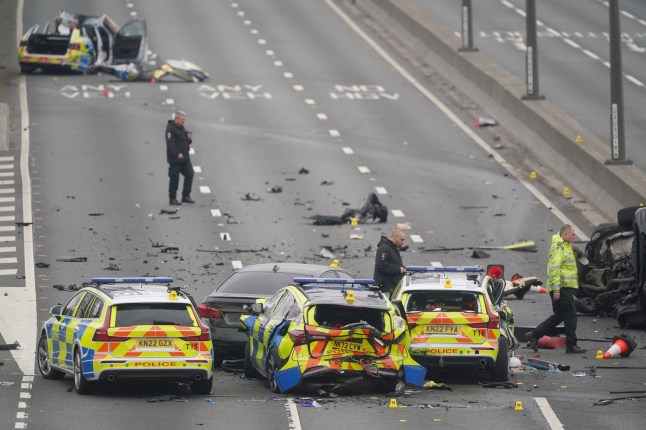 Police cars damaged and crashed on the A1 after the chase and pile-up near Newcastle.