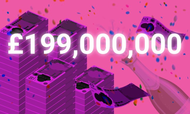 Pink and purple graphic showing £199,000,000 in front of stacks of money and a champagne bottle