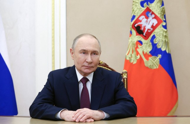 Russian President Vladimir Putin makes a video address dedicated to the 70th anniversary of the Baikonur Cosmodrome, in Moscow, Russia June 2, 2025. Sputnik/Gavriil Grigorov/Pool via REUTERS ATTENTION EDITORS - THIS IMAGE WAS PROVIDED BY A THIRD PARTY.